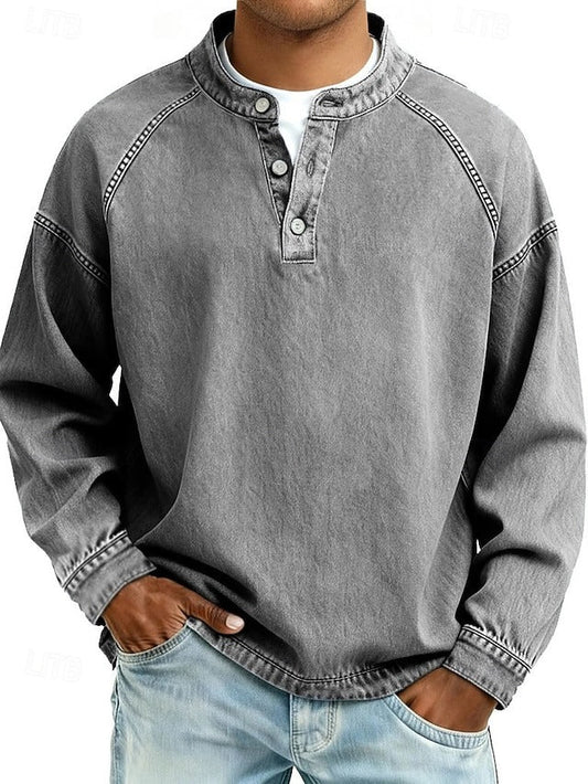 Niels - Heren Trui Oversized met Lange Mouw Knoopsluiting en Opstaande Kraag