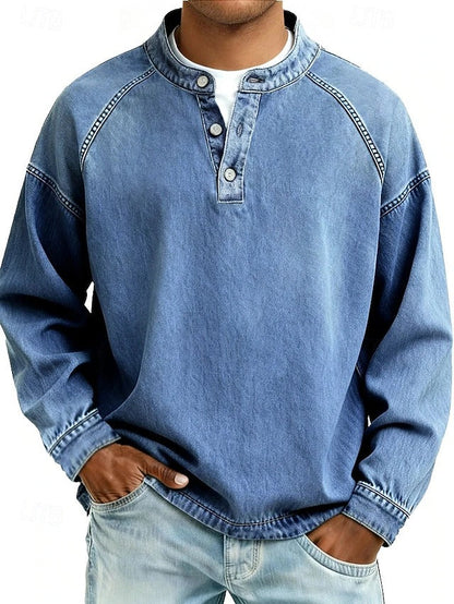 Niels - Heren Trui Oversized met Lange Mouw Knoopsluiting en Opstaande Kraag
