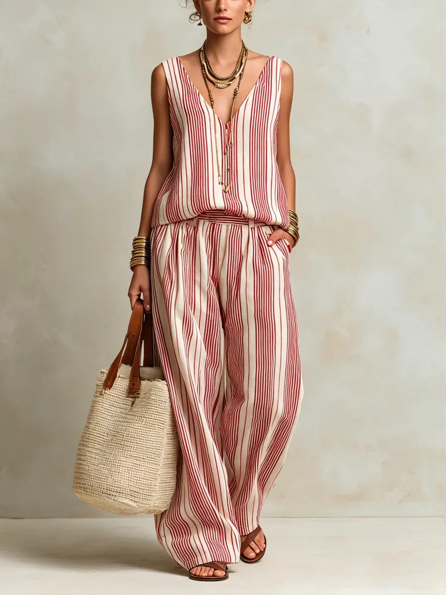 Nina - Boho Linnen Set Dames met Strepenprint en Wijde Pijpen
