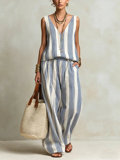 Nina - Boho Linnen Set Dames met Strepenprint en Wijde Pijpen