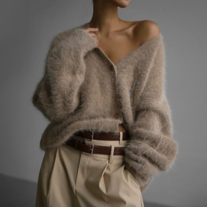 Nina - Dames Lang Vest Warm Gebreid Oversized met V-hals en Knoopsluiting