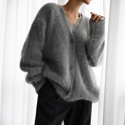 Nina - Dames Lang Vest Warm Gebreid Oversized met V-hals en Knoopsluiting