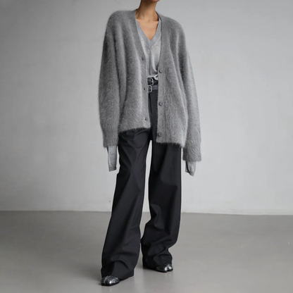 Nina - Dames Lang Vest Warm Gebreid Oversized met V-hals en Knoopsluiting