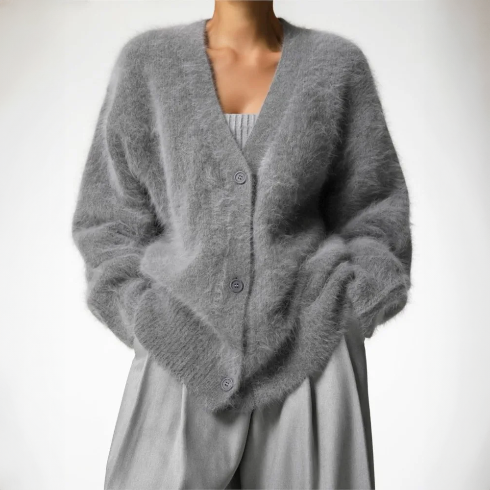 Nina - Dames Lang Vest Warm Gebreid Oversized met V-hals en Knoopsluiting
