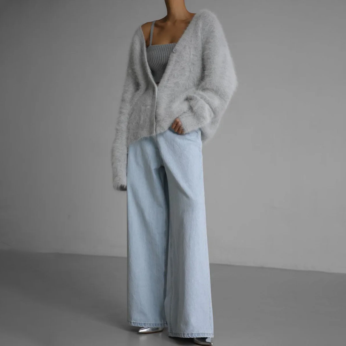 Nina - Dames Lang Vest Warm Gebreid Oversized met V-hals en Knoopsluiting