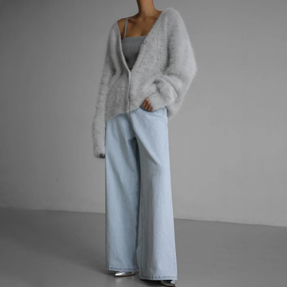 Nina - Dames Lang Vest Warm Gebreid Oversized met V-hals en Knoopsluiting