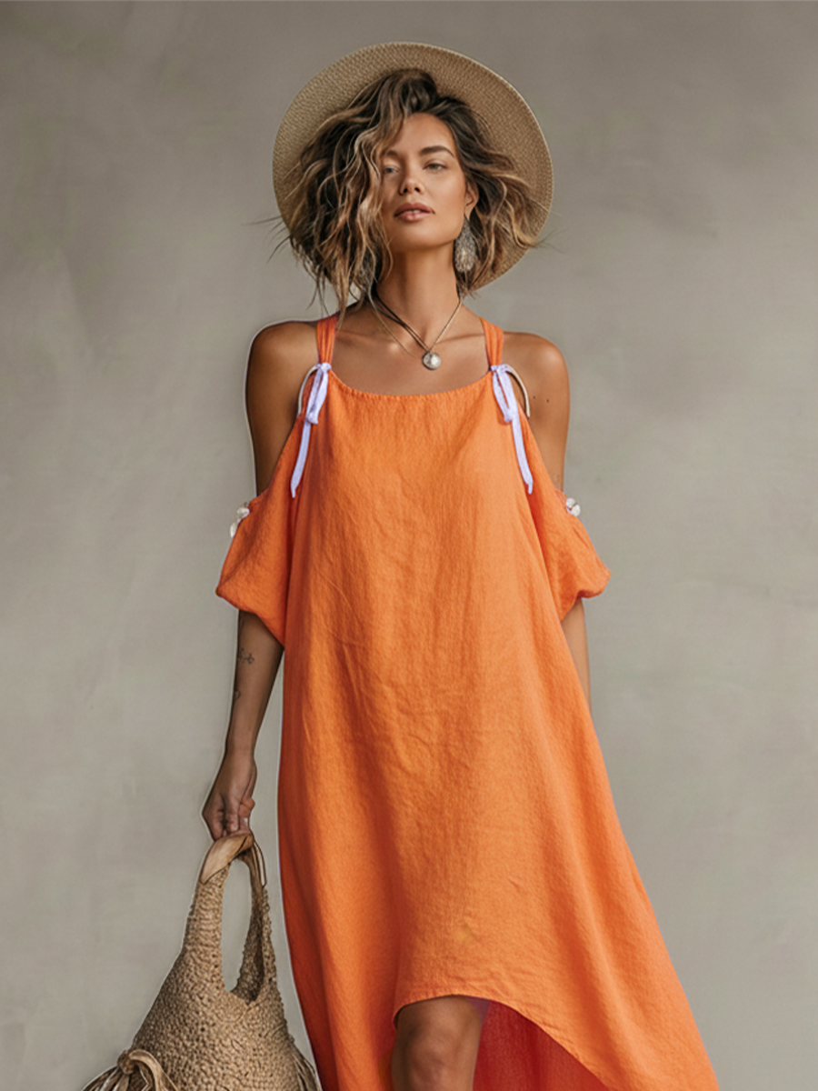 Noor - Boho Linnen Jurk Dames met Koude Schouders en Strikdetail