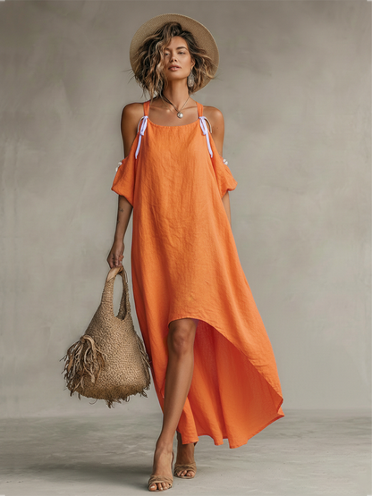 Noor - Boho Linnen Jurk Dames met Koude Schouders en Strikdetail