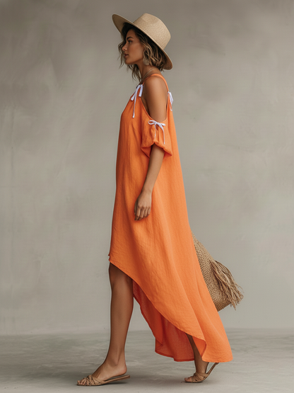 Noor - Boho Linnen Jurk Dames met Koude Schouders en Strikdetail