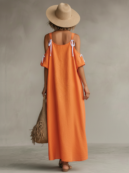 Noor - Boho Linnen Jurk Dames met Koude Schouders en Strikdetail