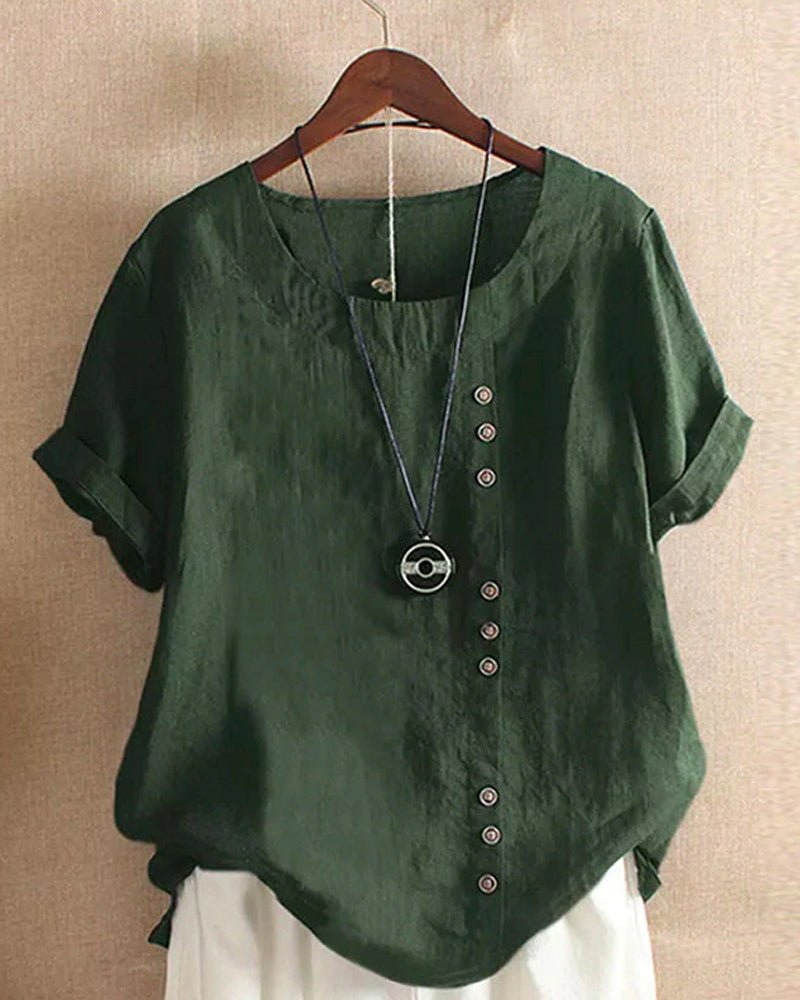 Noor - Boho Linnen Top Dames met Knopendetail en Ronde Hals