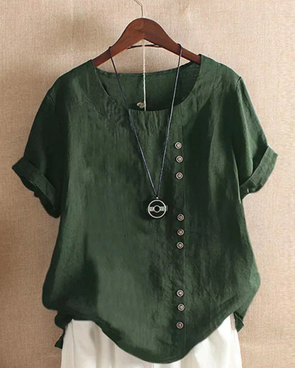 Noor - Boho Linnen Top Dames met Knopendetail en Ronde Hals