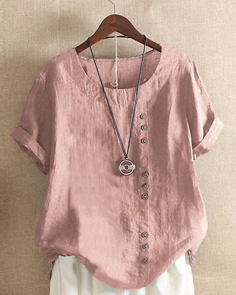Noor - Boho Linnen Top Dames met Knopendetail en Ronde Hals