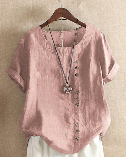 Noor - Boho Linnen Top Dames met Knopendetail en Ronde Hals