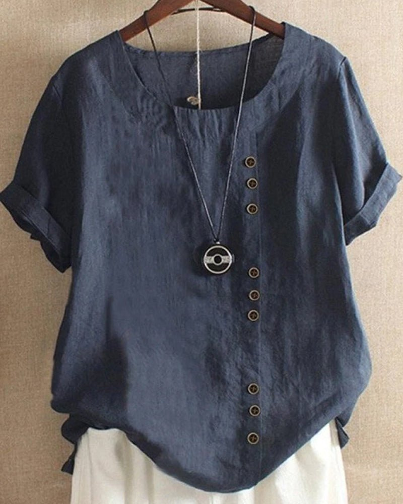 Noor - Boho Linnen Top Dames met Knopendetail en Ronde Hals