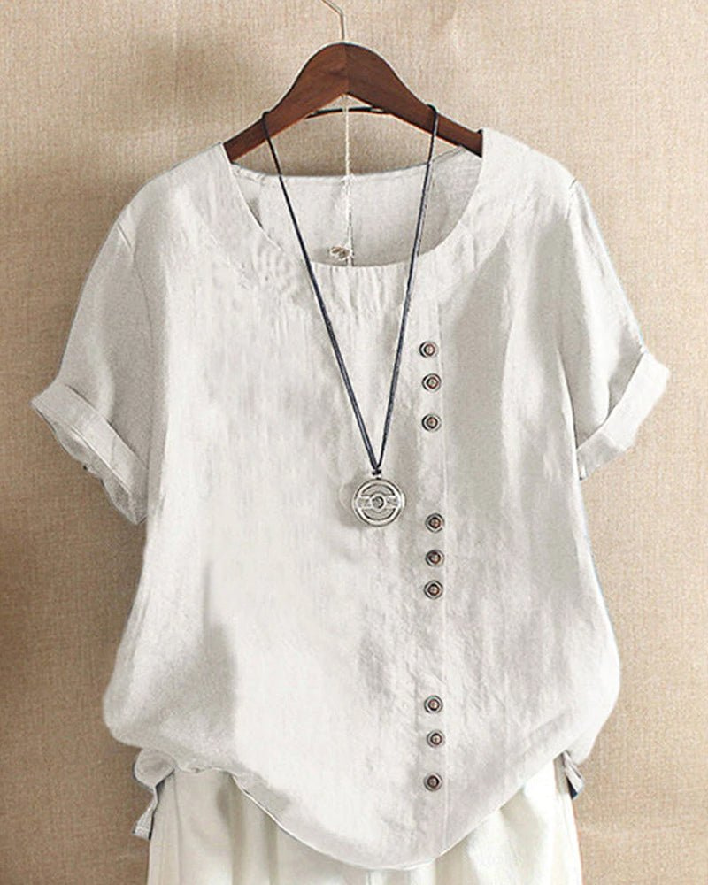 Noor - Boho Linnen Top Dames met Knopendetail en Ronde Hals