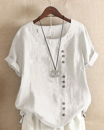 Noor - Boho Linnen Top Dames met Knopendetail en Ronde Hals