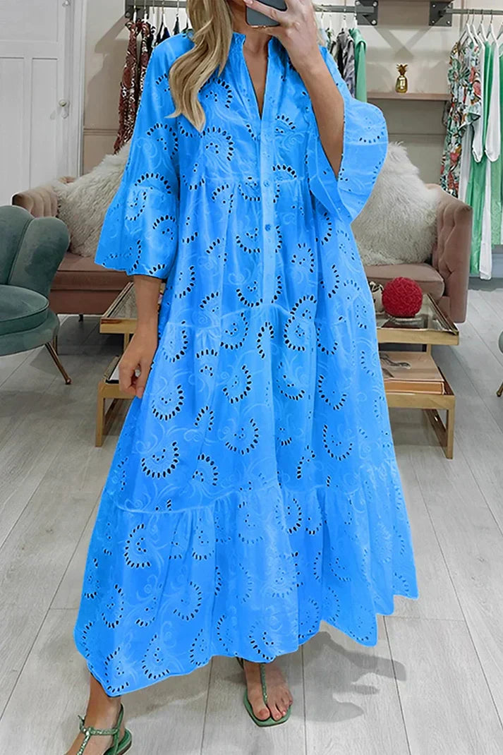 Noor - Boho Maxi Zomerjurk Dames met V-hals en Broderie Details