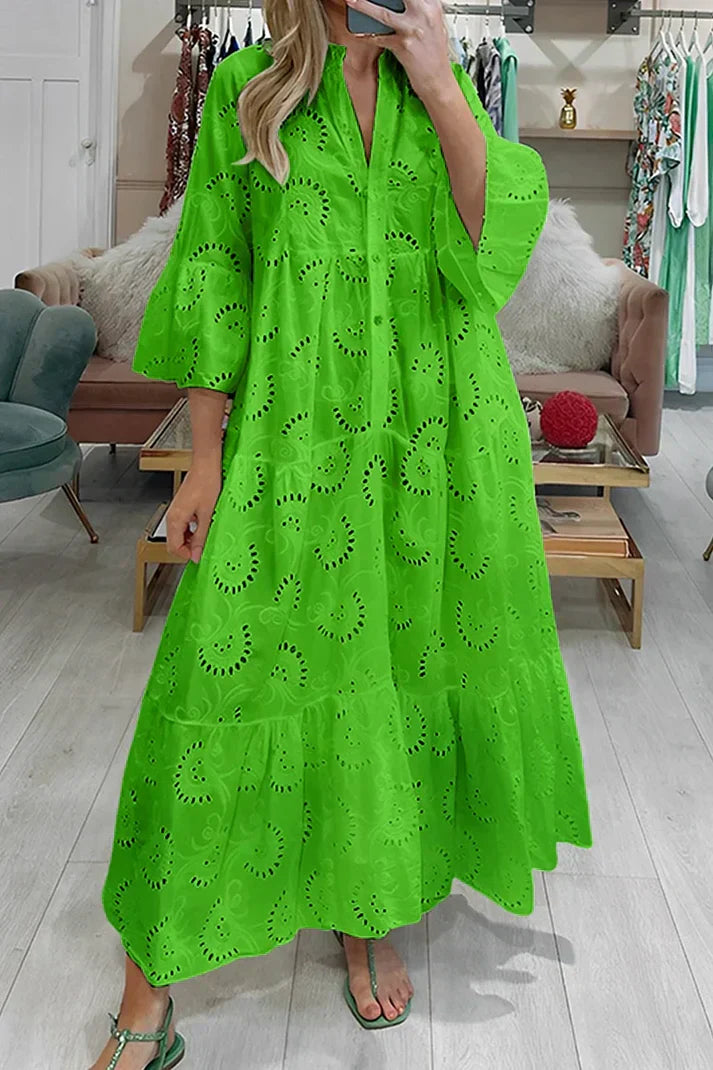 Noor - Boho Maxi Zomerjurk Dames met V-hals en Broderie Details