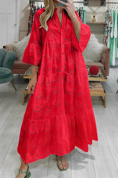 Noor - Boho Maxi Zomerjurk Dames met V-hals en Broderie Details