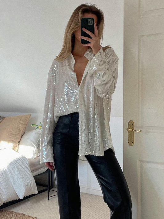 Noor - Dames Blouse Oversized Glitter Sprankelend voor Feest met Knopen