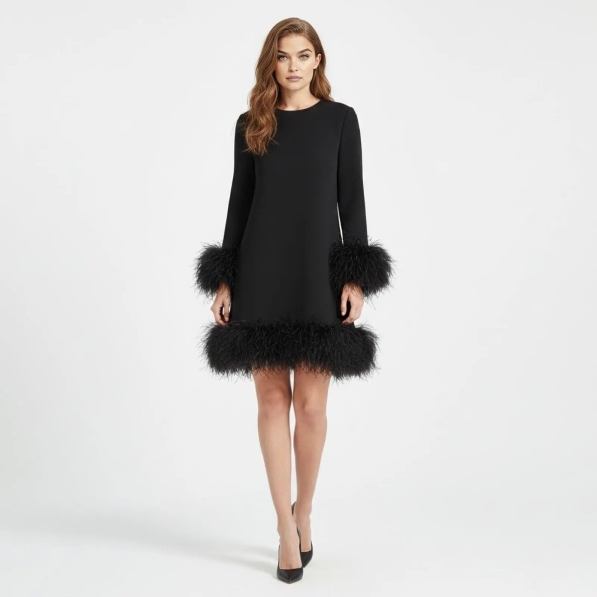 Noor - Dames Cocktailjurk Elegant met Lange Mouwen en Veren Details