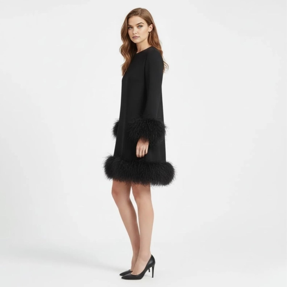 Noor - Dames Cocktailjurk Elegant met Lange Mouwen en Veren Details