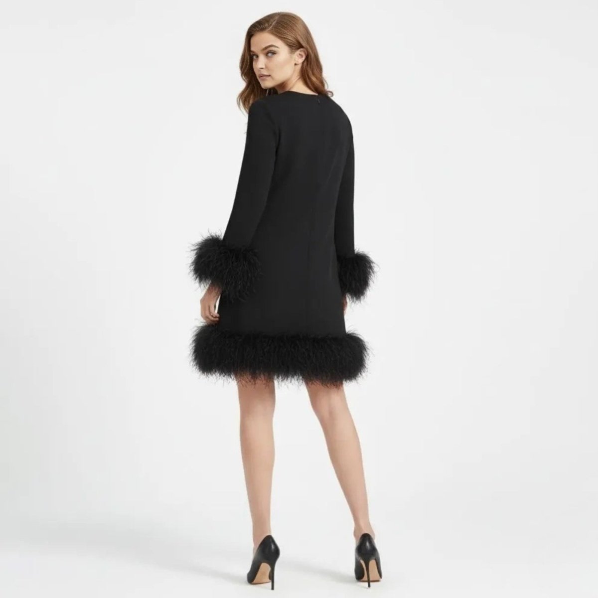 Noor - Dames Cocktailjurk Elegant met Lange Mouwen en Veren Details