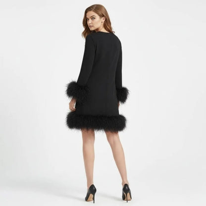 Noor - Dames Cocktailjurk Elegant met Lange Mouwen en Veren Details