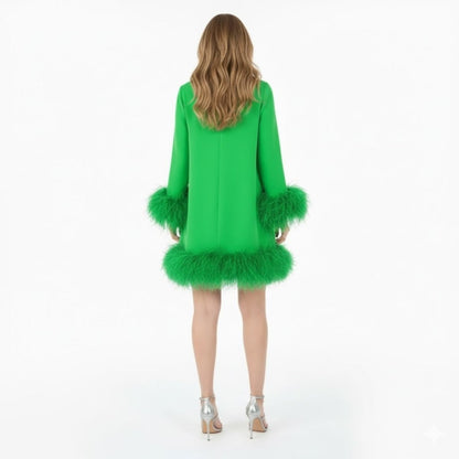 Noor - Dames Cocktailjurk Elegant met Lange Mouwen en Veren Details