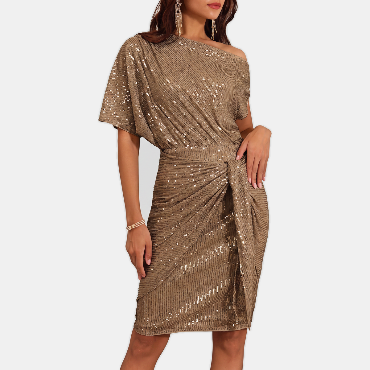 Noor - Dames Glitter Feestjurk met Asymmetrische Hals en Strikceintuur
