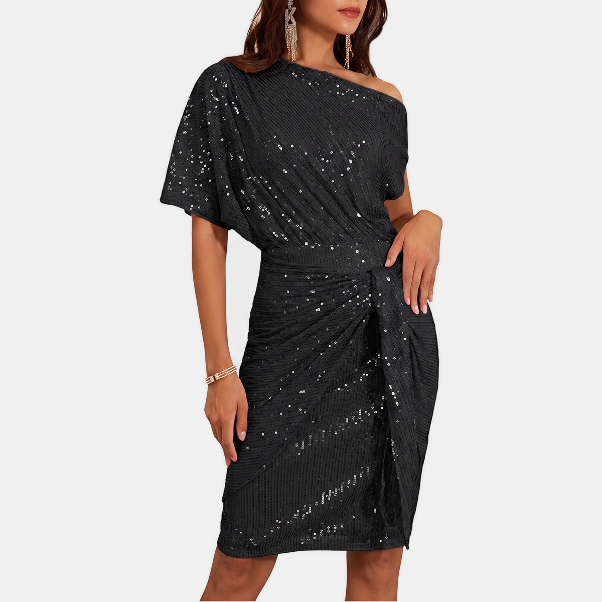 Noor - Dames Glitter Feestjurk met Asymmetrische Hals en Strikceintuur
