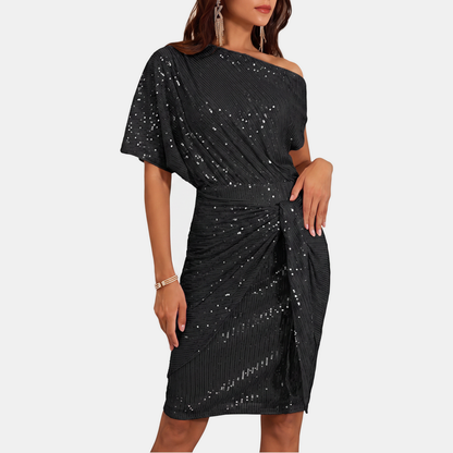 Noor - Dames Glitter Feestjurk met Asymmetrische Hals en Strikceintuur