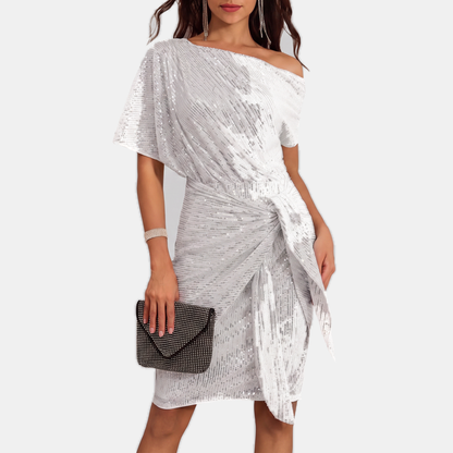 Noor - Dames Glitter Feestjurk met Asymmetrische Hals en Strikceintuur