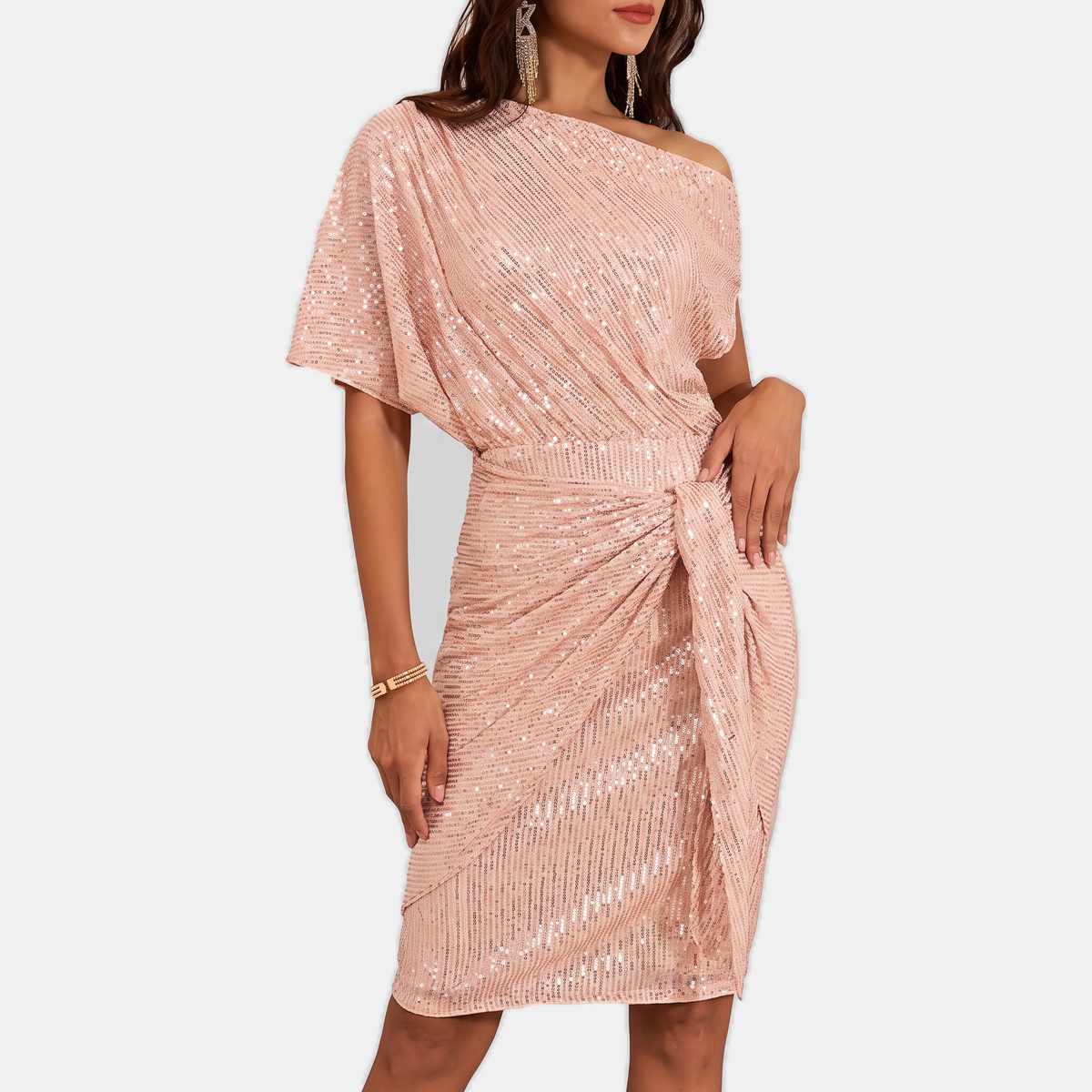 Noor - Dames Glitter Feestjurk met Asymmetrische Hals en Strikceintuur