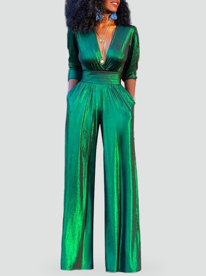 Noor - Dames Kerst Jumpsuit met Pailletten Diepe V-hals en Wijde Pijpen