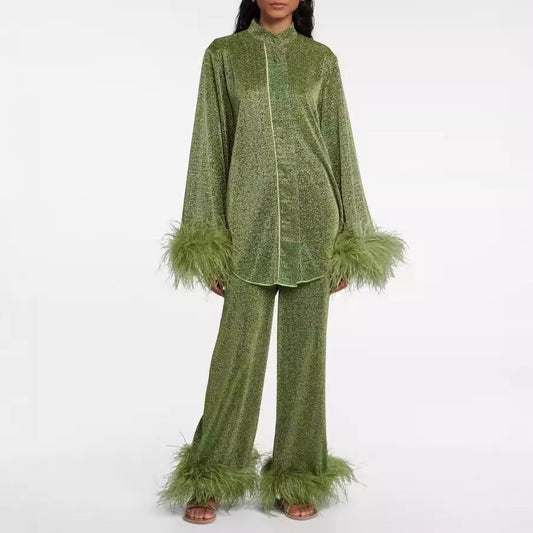 Noor - Dames Kerst Set Bijpassende Blouse en Wijde Broek met Verenrand