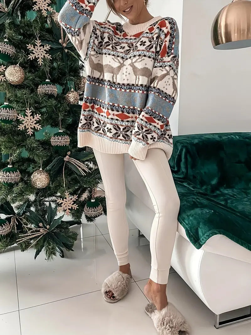 Noor - Dames Kersttrui Gebreid Oversized met Ronde Hals en Winterprint