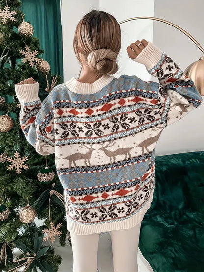 Noor - Dames Kersttrui Gebreid Oversized met Ronde Hals en Winterprint