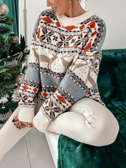 Noor - Dames Kersttrui Gebreid Oversized met Ronde Hals en Winterprint