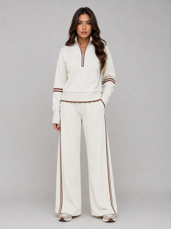 Noor - Dames Loungewear Set Half Zip met Wijde Broek en Contrastbies