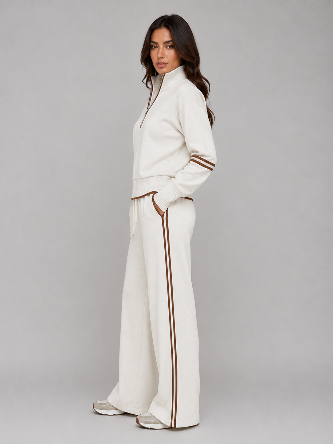Noor - Dames Loungewear Set Half Zip met Wijde Broek en Contrastbies