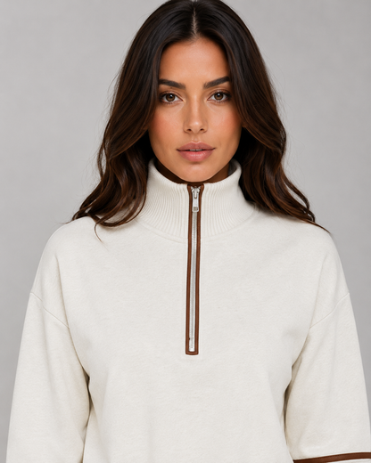 Noor - Dames Loungewear Set Half Zip met Wijde Broek en Contrastbies