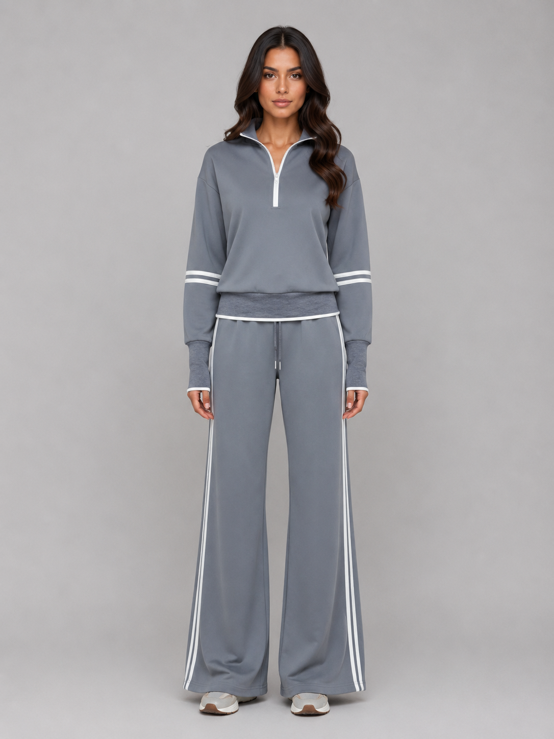 Noor - Dames Loungewear Set Half Zip met Wijde Broek en Contrastbies