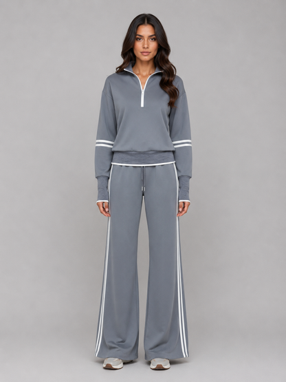 Noor - Dames Loungewear Set Half Zip met Wijde Broek en Contrastbies