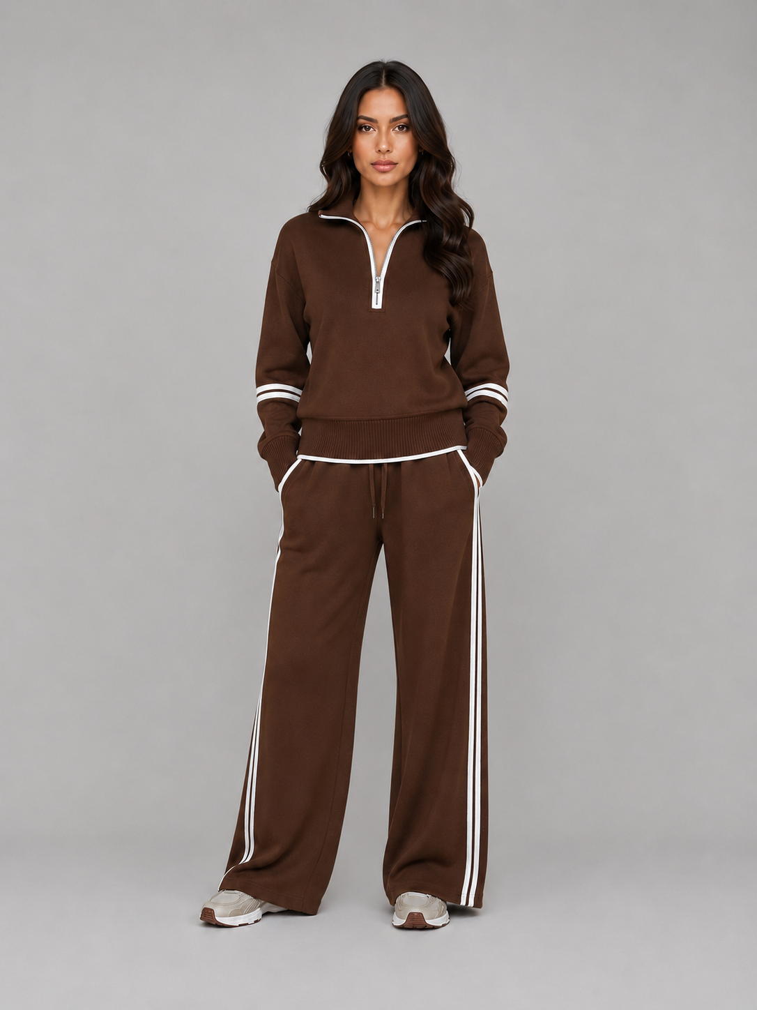 Noor - Dames Loungewear Set Half Zip met Wijde Broek en Contrastbies