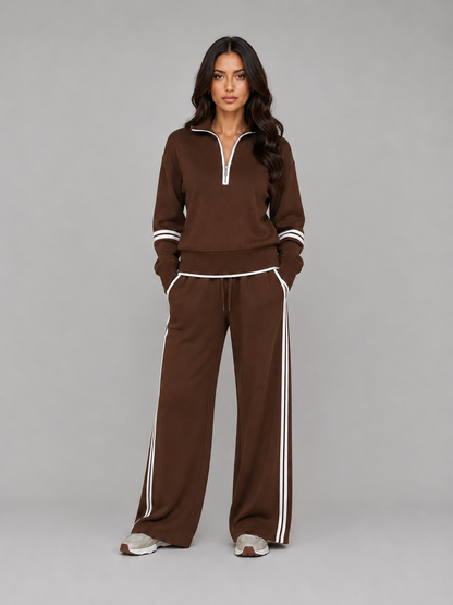 Noor - Dames Loungewear Set Half Zip met Wijde Broek en Contrastbies