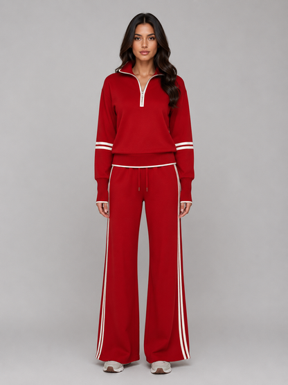 Noor - Dames Loungewear Set Half Zip met Wijde Broek en Contrastbies