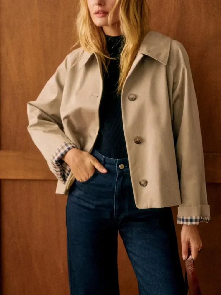 Noor - Dames Trenchcoat Kort met Reverskraag en Knoopsluiting voor Herfst