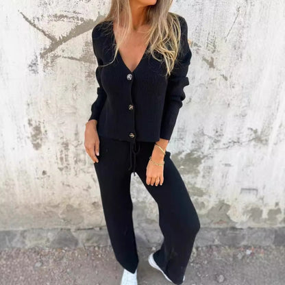 Noor - Dames Vest Set Herfst Gebreid met Knoopsluiting en Wijde Broek